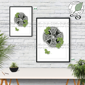 Celtic Stone Cross With Foliage Fine Art Print