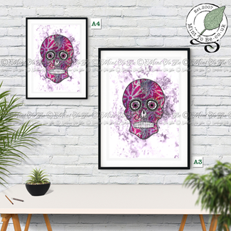 Dark Pink Monoprint Sugar Skull Fine Art Print