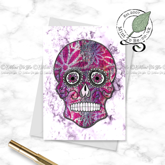 Dark Pink Monoprint Sugar Skull Card