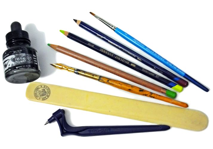 Dip pen, inks and pencils used to create artwork